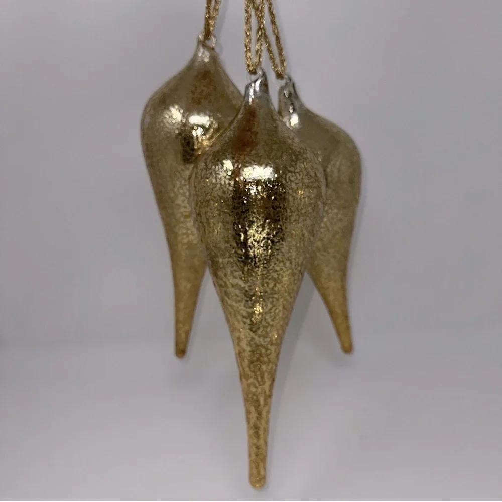 Large Gold Blown Glass Tear Drop Crackled Ornaments 11 1/2” Set Of 3